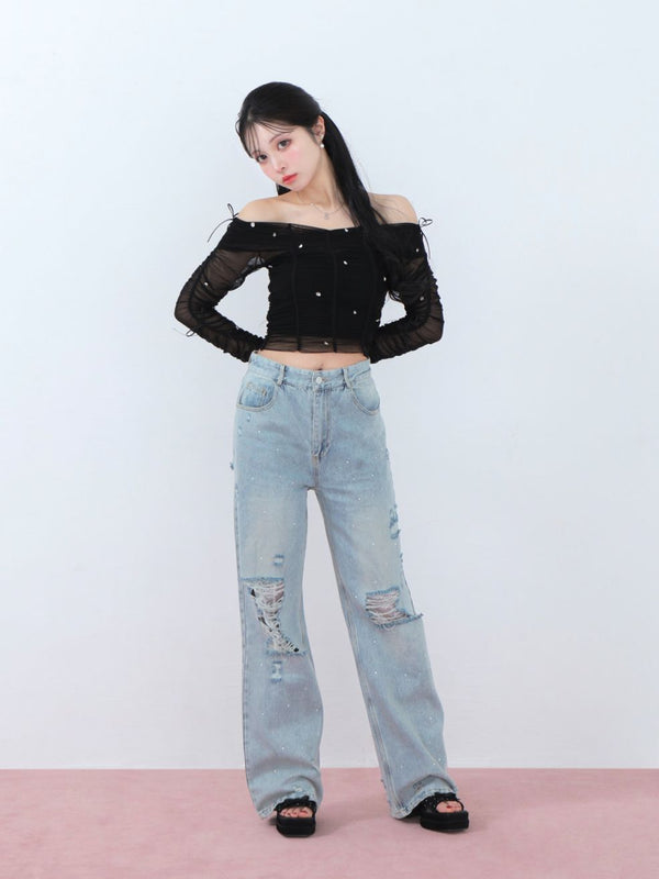 Side ribbon straight denim(eme10390)