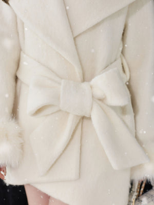 【Pre Order】Fur cuffs ribbon belted coat(eme11162)