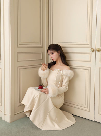 【Pre Order】Fur sleeve ribbon ｍermaid onepiece(eme10764)