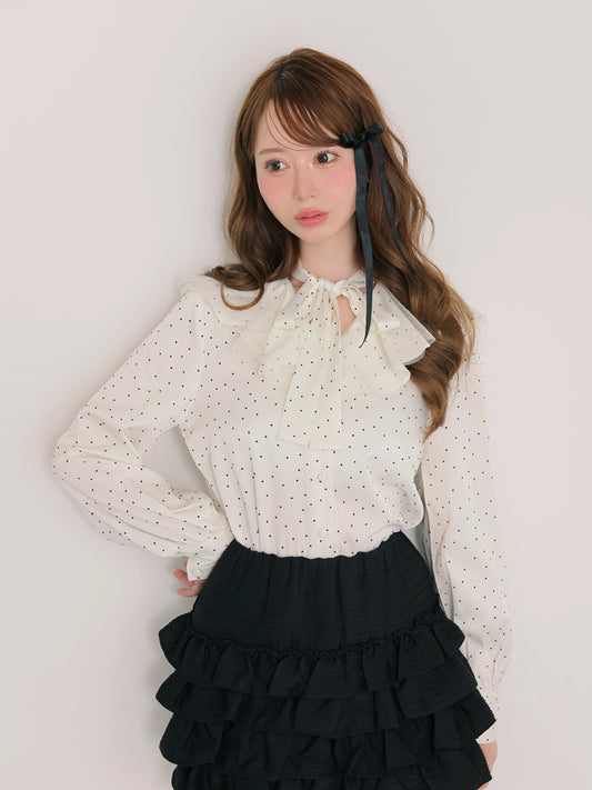 【SALE】Dot flocky ruffle ribbon blouse (eme10228)