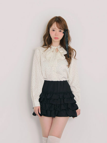 【SALE】Dot flocky ruffle ribbon blouse (eme10228)