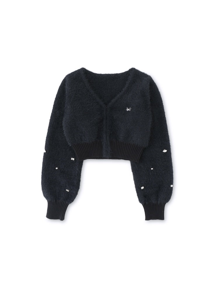 V neck shaggy knit cardigan(eme10360)