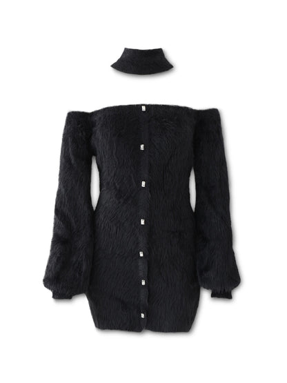 Back ribbon shaggy knit mini onepiece(eme10376)