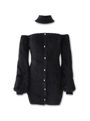 Back ribbon shaggy knit mini onepiece(eme10376)