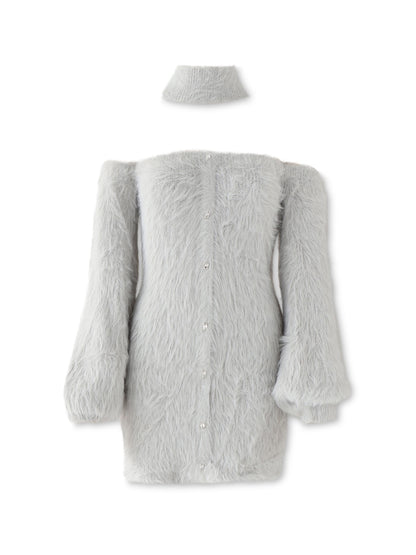 Back ribbon shaggy knit mini onepiece(eme10376)