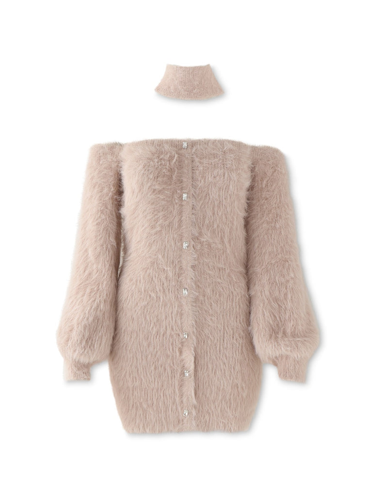 Back ribbon shaggy knit mini onepiece(eme10376)