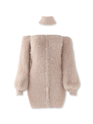 Back ribbon shaggy knit mini onepiece(eme10376)