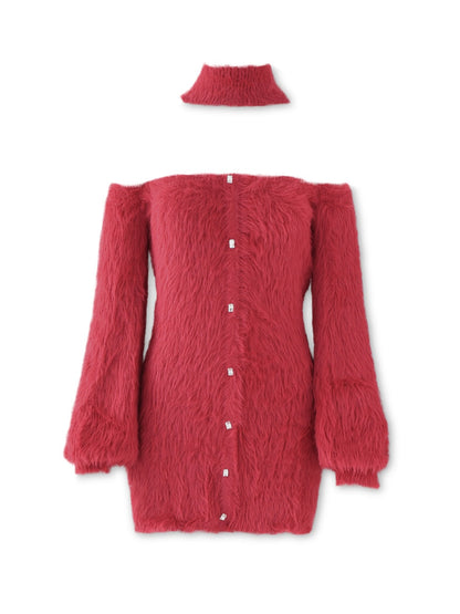 Back ribbon shaggy knit mini onepiece(eme10376)