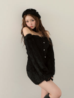 Back ribbon shaggy knit mini onepiece(eme10376)