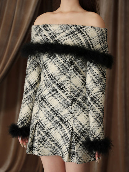 【Pre Order】Off shoulder roving check mini onepiece(eme10379)