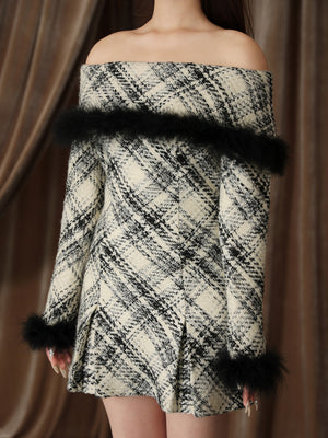 【Pre Order】Off shoulder roving check mini onepiece(eme10379)