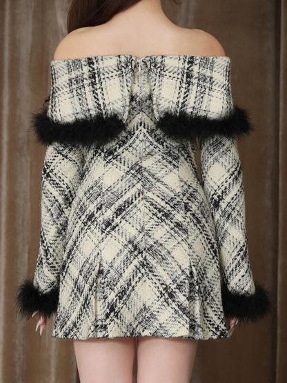 【Pre Order】Off shoulder roving check mini onepiece(eme10379)