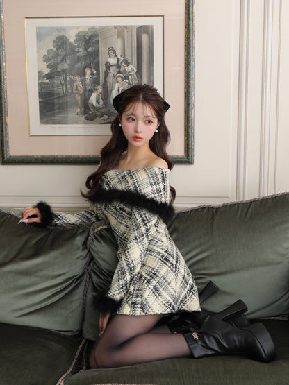 【Pre Order】Off shoulder roving check mini onepiece(eme10379)