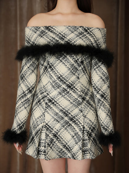 【Pre Order】Off shoulder roving check mini onepiece(eme10379)