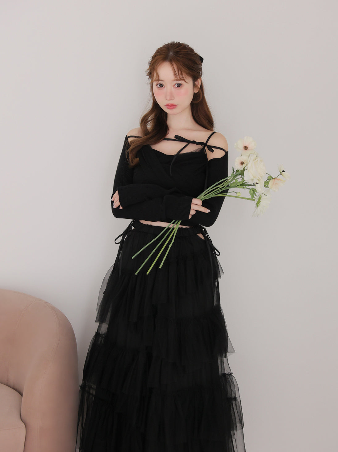 m.me.eme サイドリボンチュールロングスカート Side ribbon tulle long skirt(eme10468) – M me eme