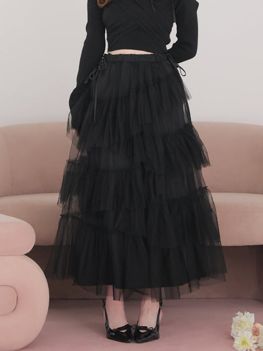 Side ribbon tulle long skirt(eme10468)