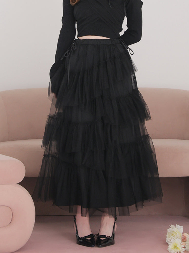 Side ribbon tulle long skirt(eme10468)