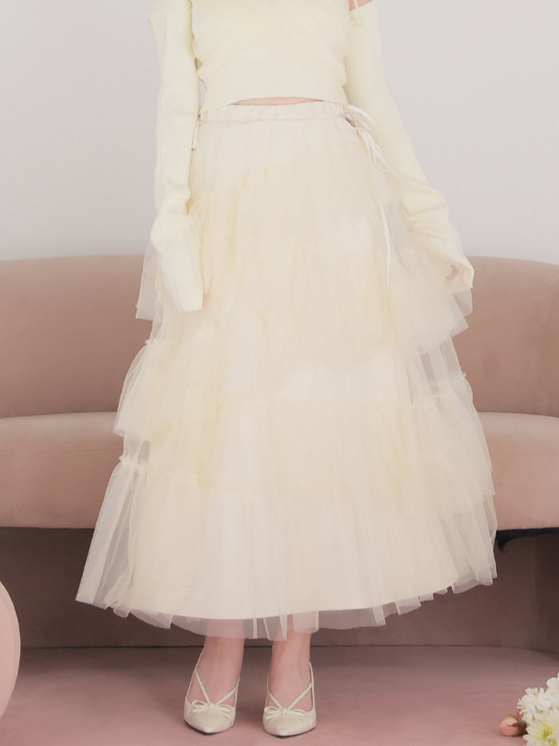 Side ribbon tulle long skirt(eme10468)