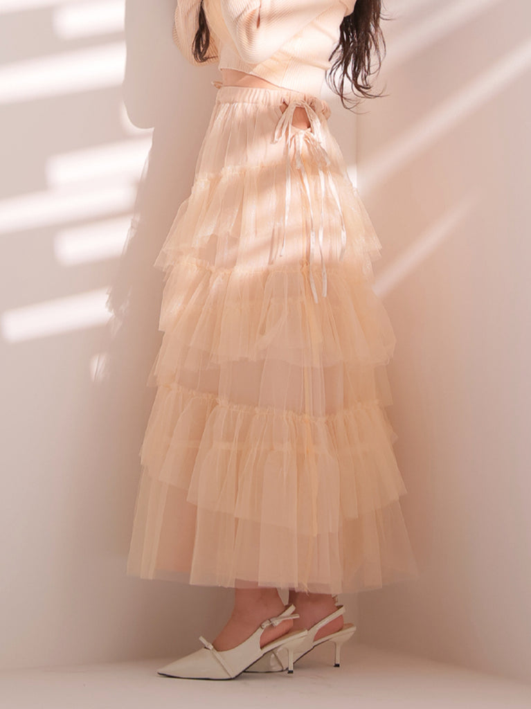 Side ribbon tulle long skirt(eme10468)