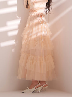 Side ribbon tulle long skirt(eme10468)