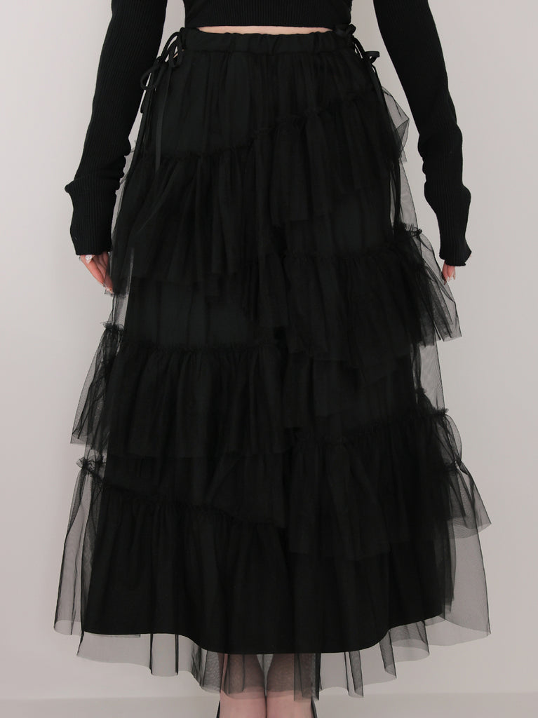 Side ribbon tulle long skirt(eme10468)