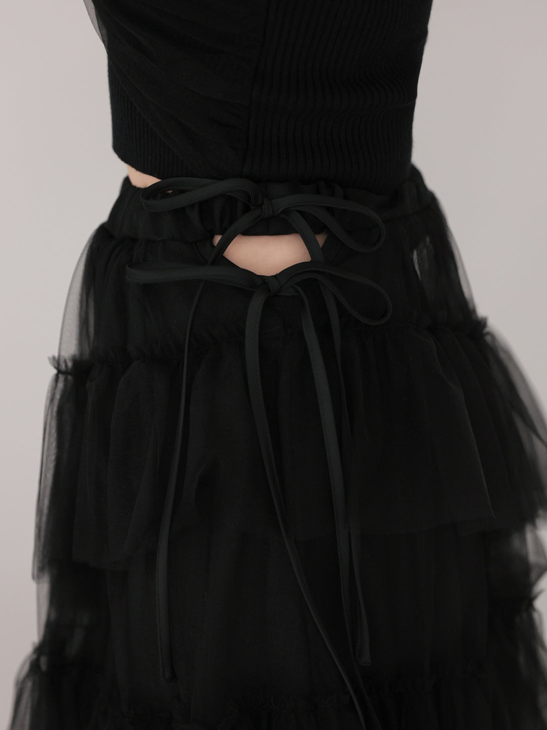 Side ribbon tulle long skirt(eme10468)
