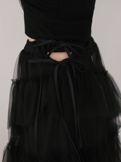 Side ribbon tulle long skirt(eme10468)