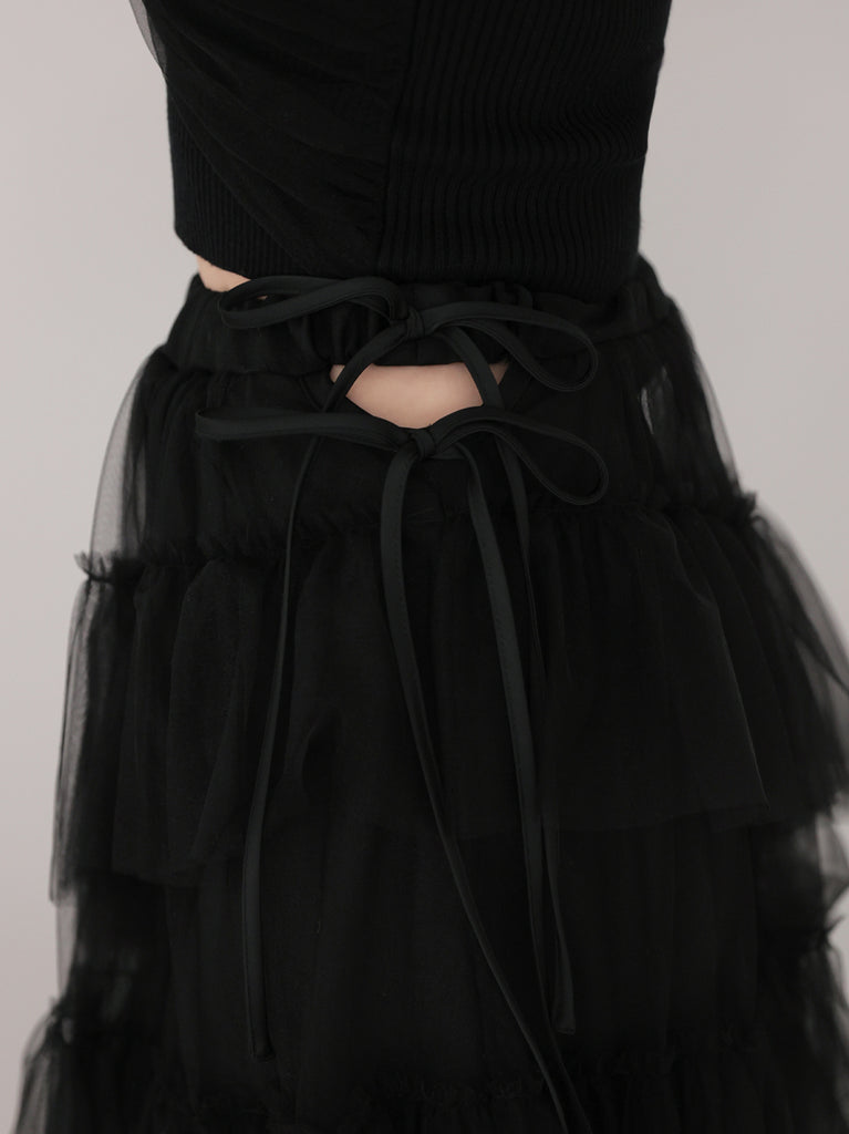 Side ribbon tulle long skirt(eme10468)