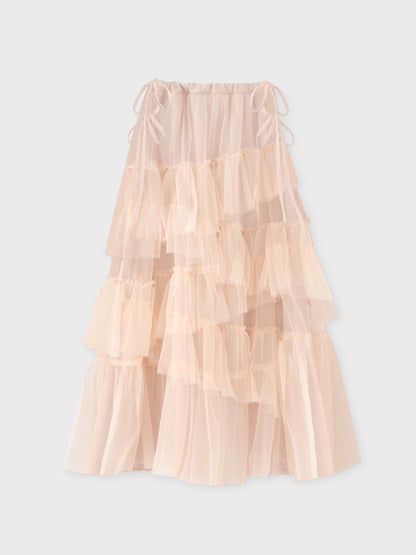 Side ribbon tulle long skirt(eme10468)
