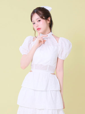 Cotton lace cut-out tops(eme10476)