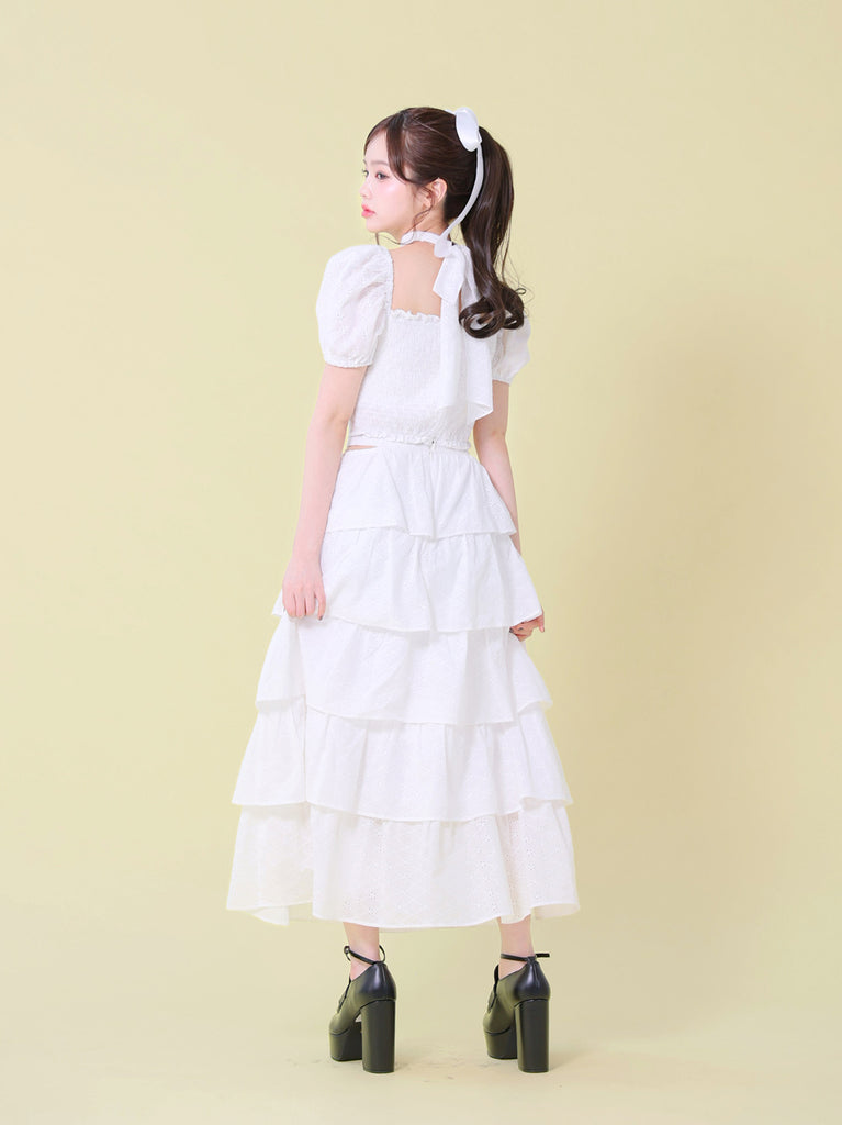 Cotton lace cut-out tops(eme10476)