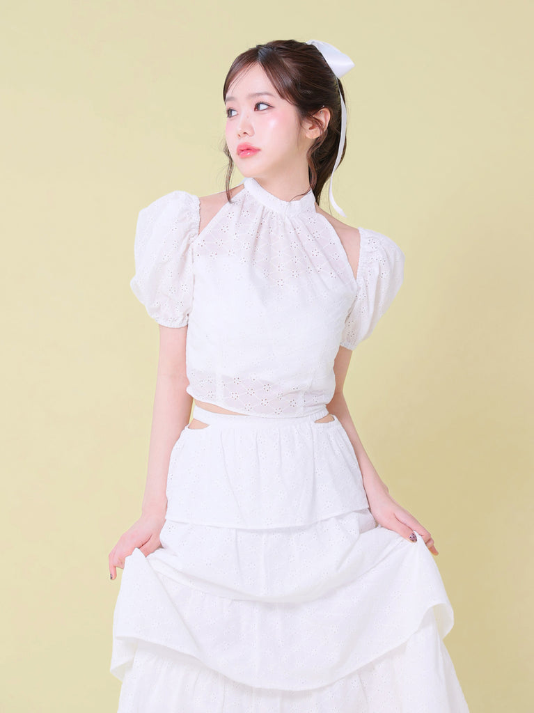 Cotton lace cut-out tops(eme10476)