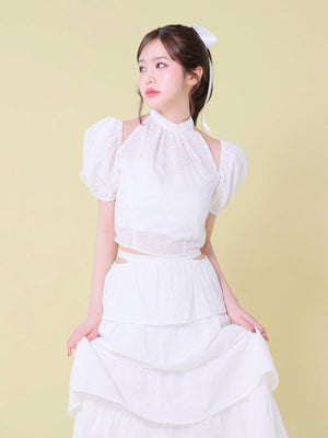 Cotton lace cut-out tops(eme10476)