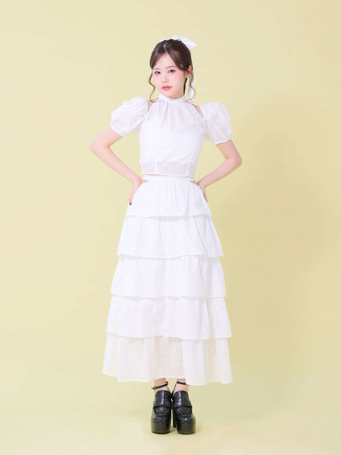Cotton lace cut-out tops(eme10476)