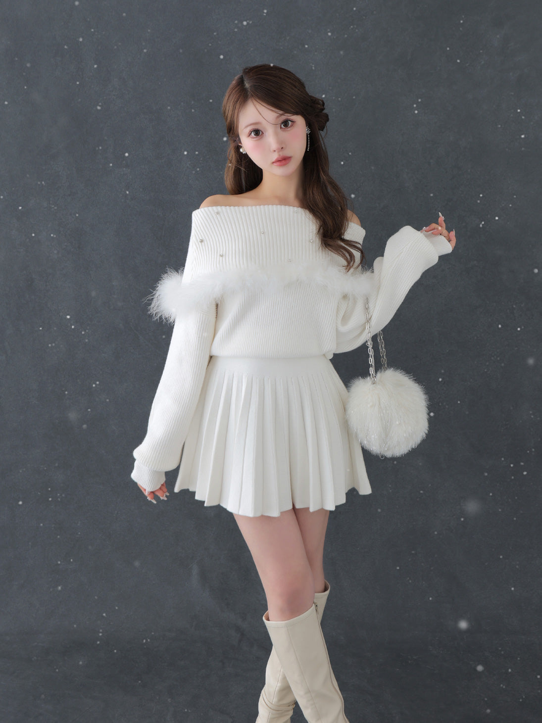 Fur bijou off shoulder mini onepiece(eme10483)