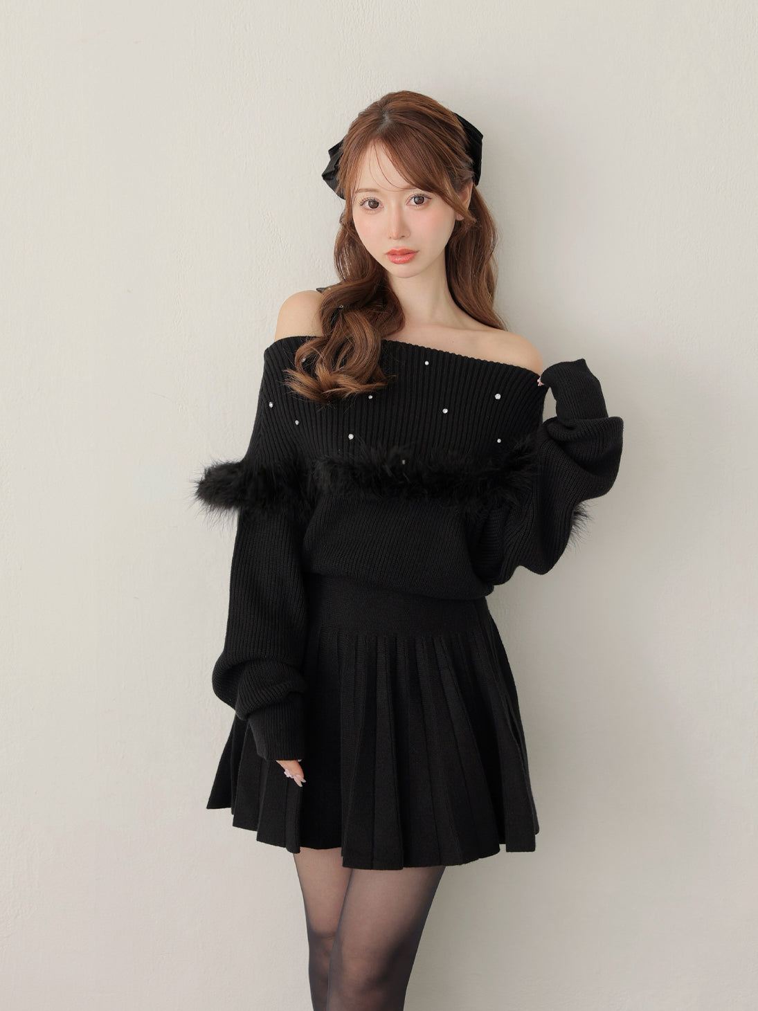 Fur bijou off shoulder mini onepiece(eme10483)