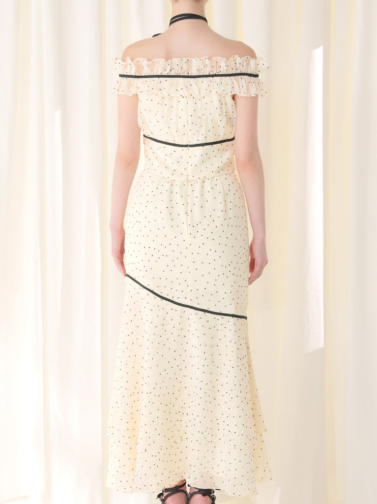 Piping ribbon dot off shoulder tops(eme10843)