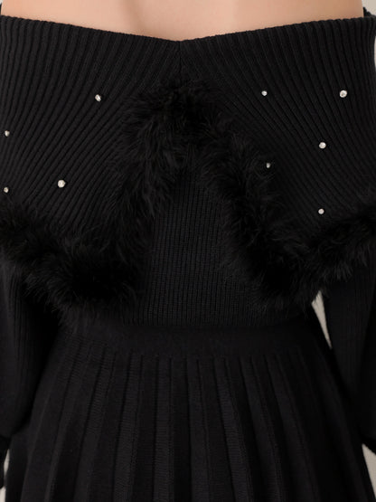 Fur bijou off shoulder mini onepiece(eme10483)