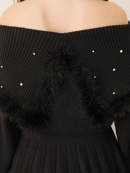 Fur bijou off shoulder mini onepiece(eme10483)