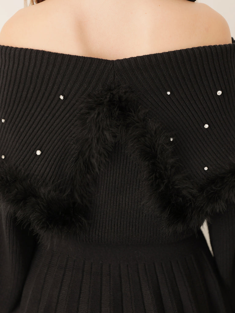 Fur bijou off shoulder mini onepiece(eme10483)
