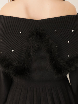 Fur bijou off shoulder mini onepiece(eme10483)
