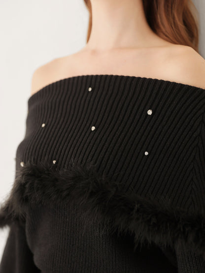 Fur bijou off shoulder mini onepiece(eme10483)