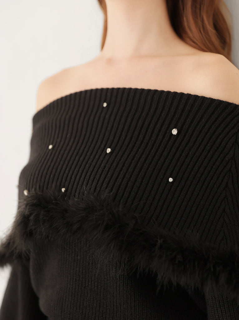 Fur bijou off shoulder mini onepiece(eme10483)