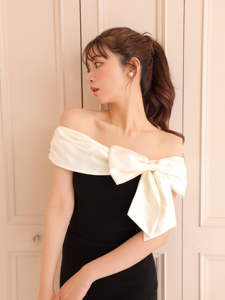 Ribbon docking off shoulder knit tops(eme10491)