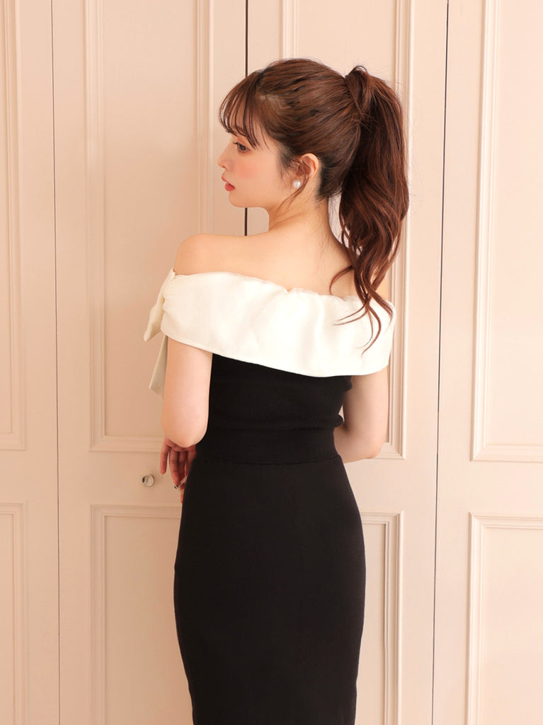 Ribbon docking off shoulder knit tops(eme10491)