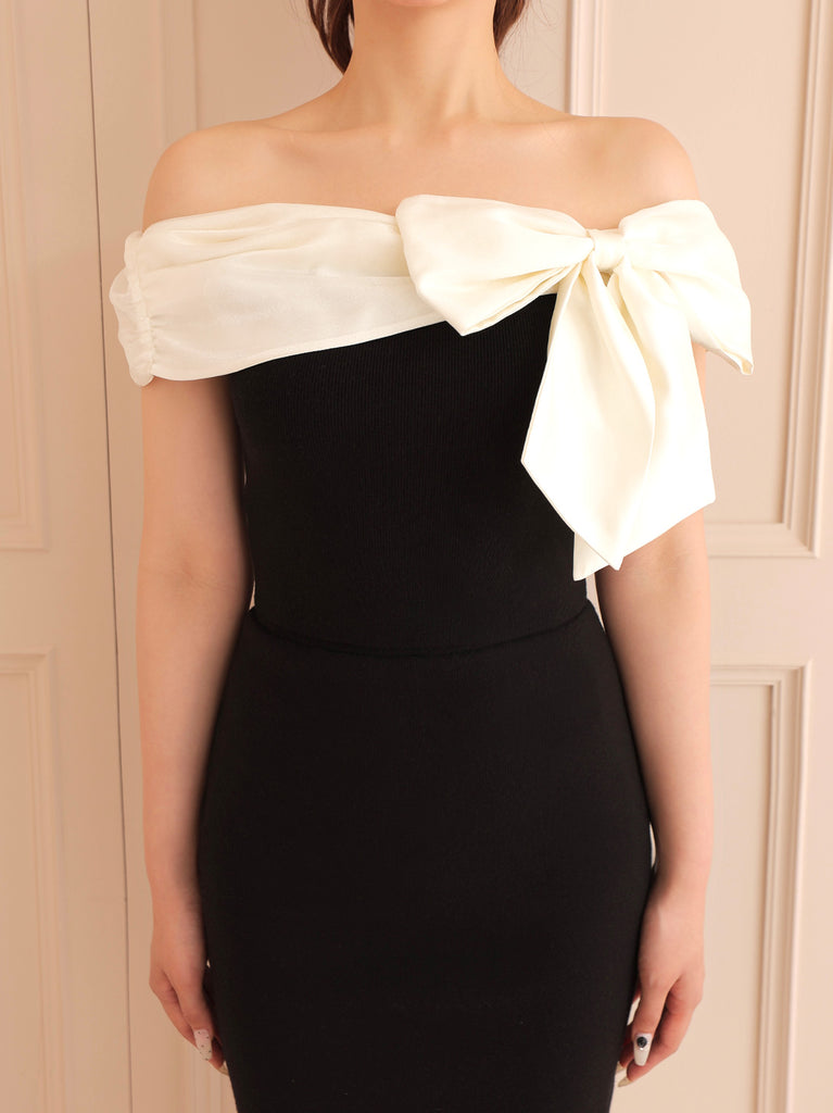 Ribbon docking off shoulder knit tops(eme10491)