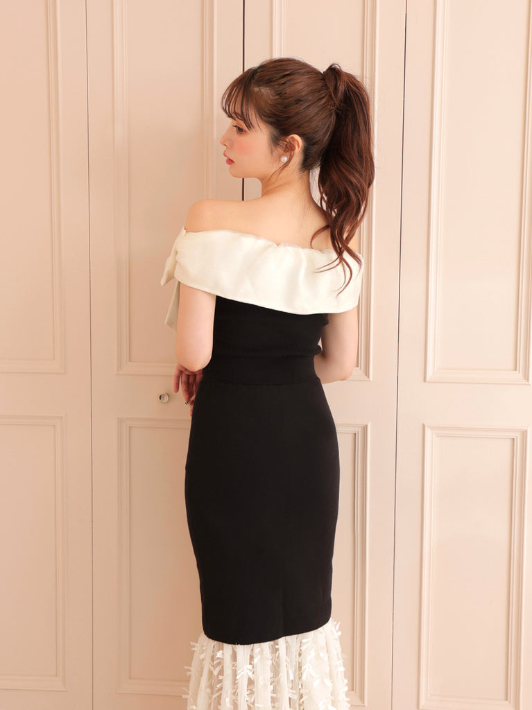 Ribbon tulle docking knit skirt(eme10492)