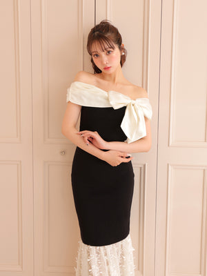 Ribbon tulle docking knit skirt(eme10492)