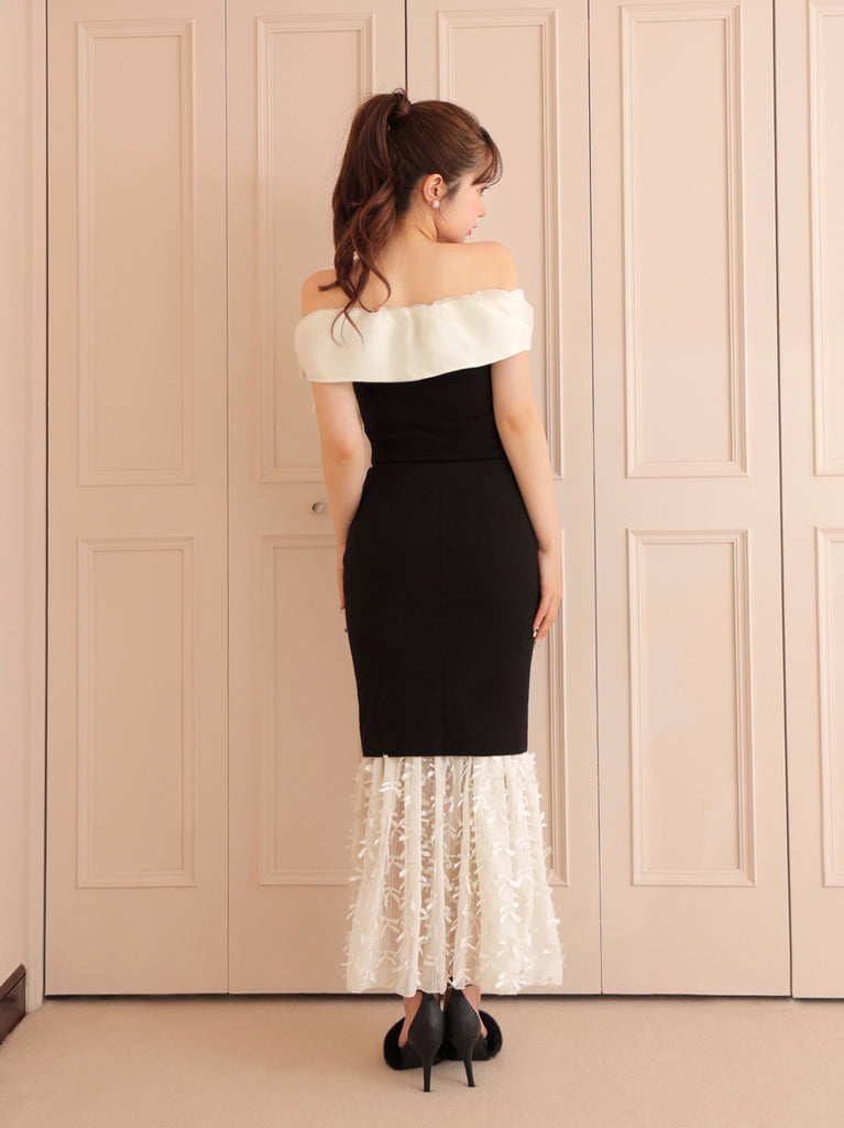 Ribbon tulle docking knit skirt(eme10492)