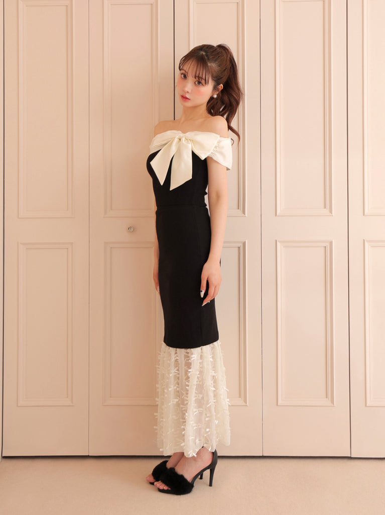 Ribbon tulle docking knit skirt(eme10492)